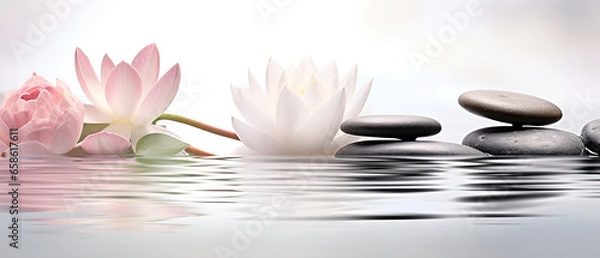 Fototapeta Immersive panoramic Zen composition evoking feelings of well-being and relaxation, space for text