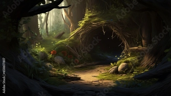 Fototapeta Tranquil woods scene with a discreet bird nest hidden in a tree hole