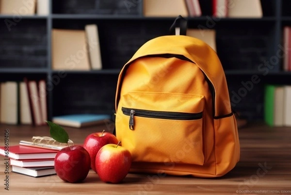 Fototapeta Backpack Chronicles Apples and Books Await on Classroom Desk Guided by Generative AI