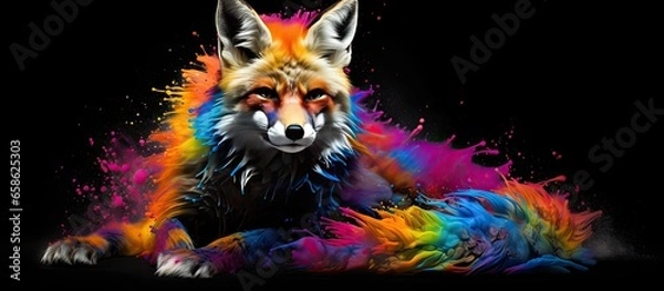 Fototapeta Painted colorful fox  animal, they show off in beautiful colors. isolated black background. Pattern for t-shirt printing, Generative AI