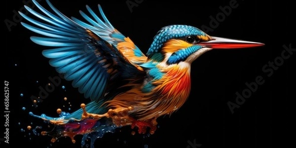 Fototapeta Painted colorful kingfisher  animal, they show off in beautiful colors. isolated black background. Pattern for t-shirt printing, Generative AI