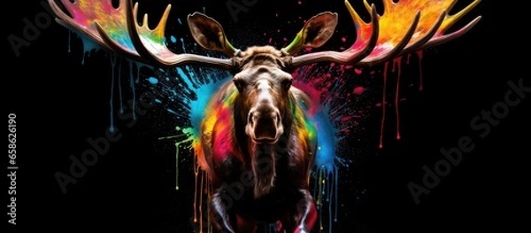 Fototapeta Painted colorful moose  animal, they show off in beautiful colors. isolated black background. Pattern for t-shirt printing, Generative AI