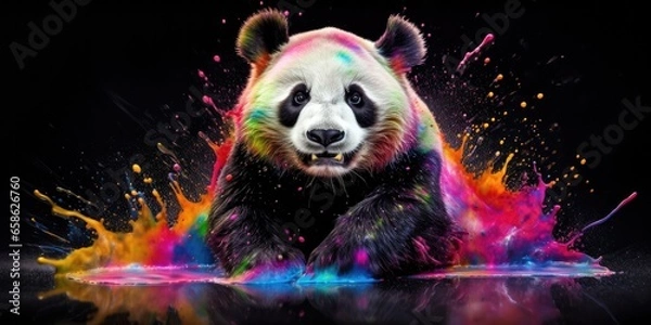 Obraz Painted colorful panda  animal, they show off in beautiful colors. isolated black background. Pattern for t-shirt printing, Generative AI