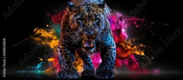 Fototapeta Painted colorful  black panther animal, they show off in beautiful colors. isolated black background. Pattern for t-shirt printing, Generative AI