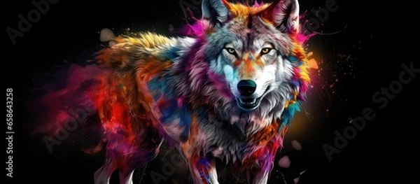 Fototapeta Painted colorful wolf animal, they show off in beautiful colors. isolated black background. Pattern for t-shirt printing, Generative AI