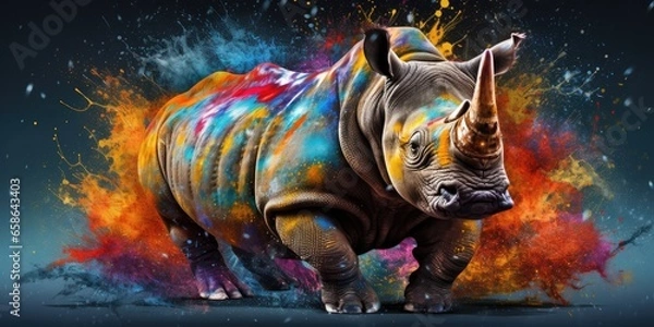 Fototapeta Painted colorful rhino animal, they show off in beautiful colors. isolated black background. Pattern for t-shirt printing, Generative AI