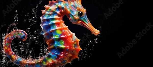Obraz Painted colorful seahorse animal, they show off in beautiful colors. isolated black background. Pattern for t-shirt printing, Generative AI