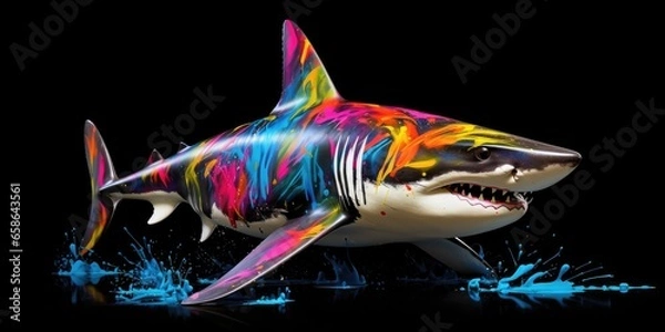 Fototapeta Painted colorful shark animal, they show off in beautiful colors. isolated black background. Pattern for t-shirt printing, Generative AI