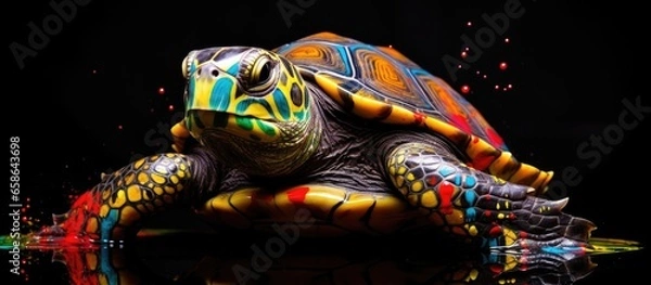 Obraz Painted colorful turtle animal, they show off in beautiful colors. isolated black background. Pattern for t-shirt printing, Generative AI