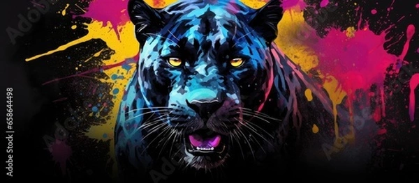 Obraz Painted colorful panther animal, they show off in beautiful colors. isolated black background. Pattern for t-shirt printing, Generative AI