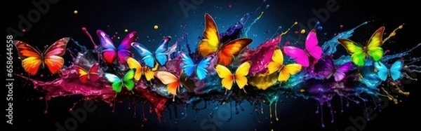 Fototapeta Painted colorful butterflys animal, they show off in beautiful colors. isolated black background. Pattern for t-shirt printing, Generative AI