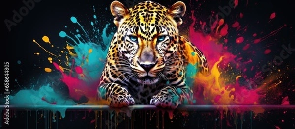 Fototapeta Painted colorful jaguar animal, they show off in beautiful colors. isolated black background. Pattern for t-shirt printing, Generative AI
