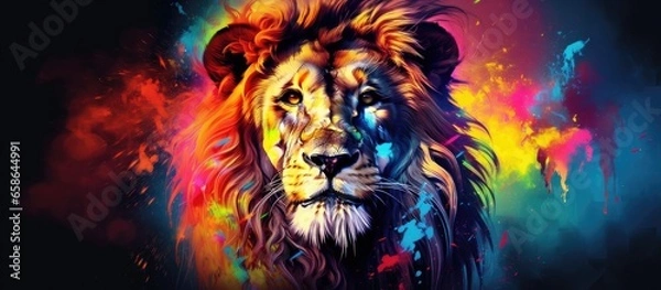 Obraz Painted colorful lion animal, they show off in beautiful colors. isolated black background. Pattern for t-shirt printing, Generative AI