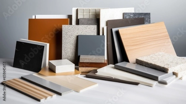 Obraz samples of interior material consists concrete tile, wooden laminated or veneer, artificial stones, green fabric for drapery, wooden vinyl flooring. interior selected material for mood and tone board.