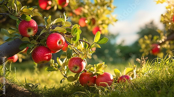 Fototapeta apples growing on the tree in orchard under the sun