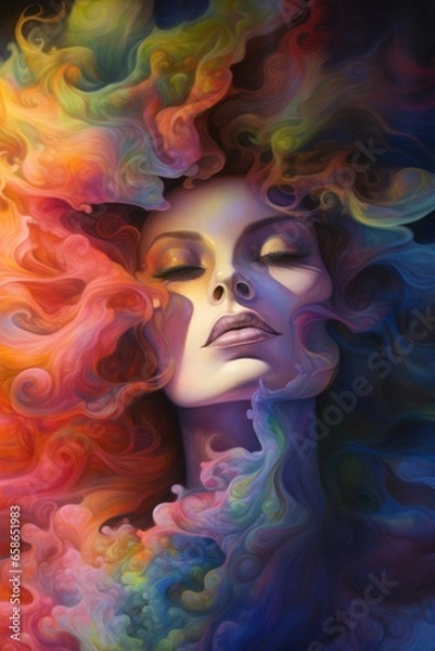 Fototapeta Concept of Inner Clarity and Mental Balance. A girl in a multi-colored haze