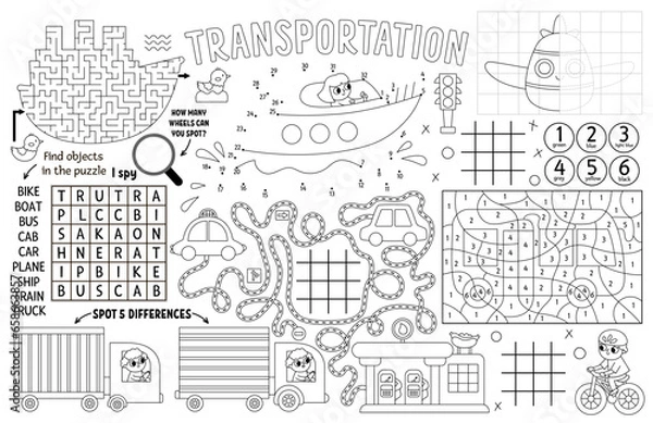 Obraz Vector transportation placemat for kids. Transport printable activity mat with maze, tic tac toe chart, connect the dots, find difference. Black and white play mat, coloring page with car, train