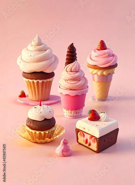 Fototapeta Various flavors of ice cream, strawberry flavor cone ice cream, generative ai