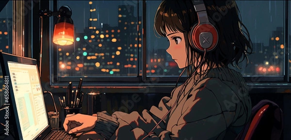 Obraz Urban Serenade: Anime-style Scene of Studying with Beats, generative ai