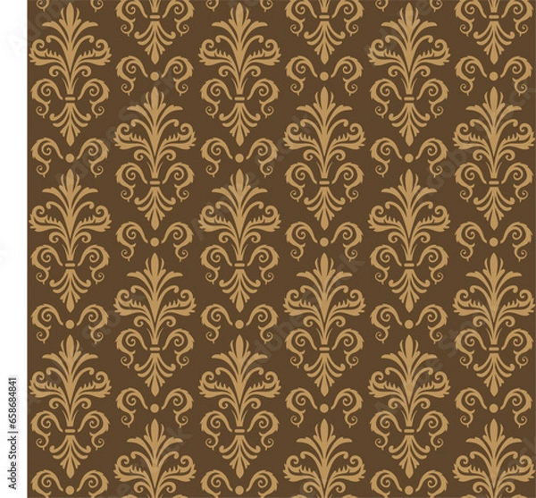 Fototapeta Seamless Gold Damask Pattern On Brown Background