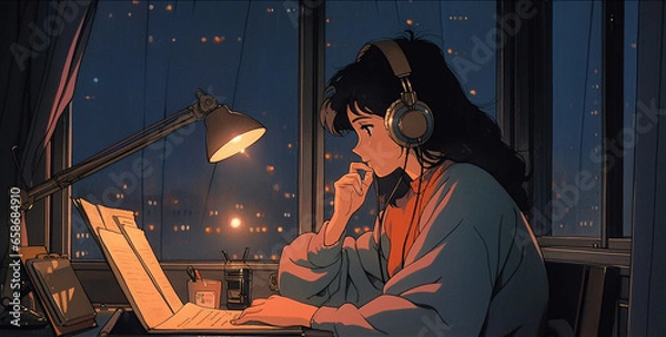 Fototapeta Lo-fi Lullaby: Anime-style Scene of Serene Study Music, generative ai
