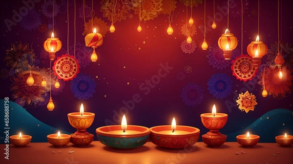 Fototapeta Happy Diwali Celebration Background decorated with candle, lamp, and diyas. Hindu Festival Deepawali Greeting Cards banner template
