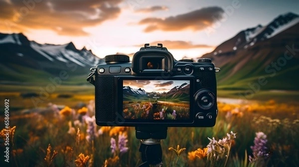 Obraz A camera with a picture of a mountain range in the background
