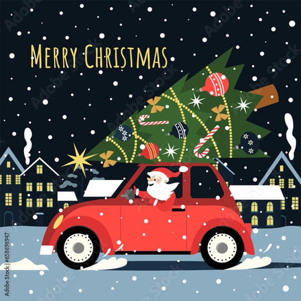 Obraz Santa Claus is driving a car. Merry christmas and a happy new year. Design elements for banner, flyer, postcard.