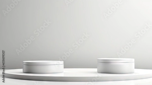 Fototapeta 3D rendering of white cylindrical podiums with matte glass walls on a white cloth background used for displaying cosmetic products