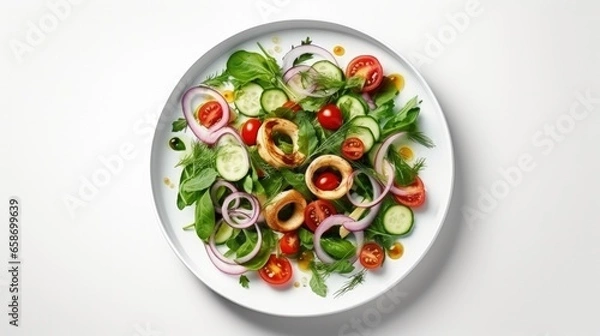 Fototapeta Calamari salad with veggies and eggs on white background with leaf shadows Summer menu