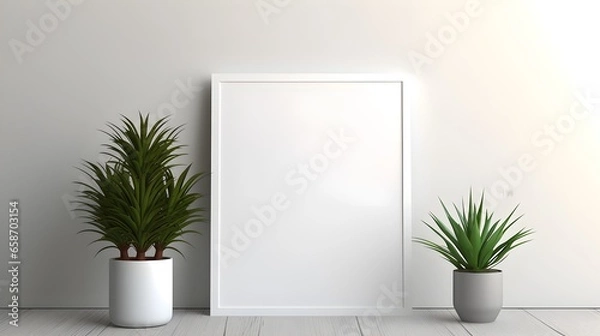 Fototapeta Mockup white poster frame close up on white wall, minimalistic. Modern Room interior, Generative AI