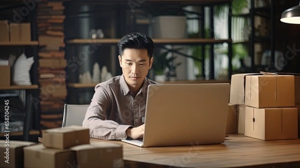 Obraz Asian SME owner working remotely with boxes and laptops starting an online business and delivering goods