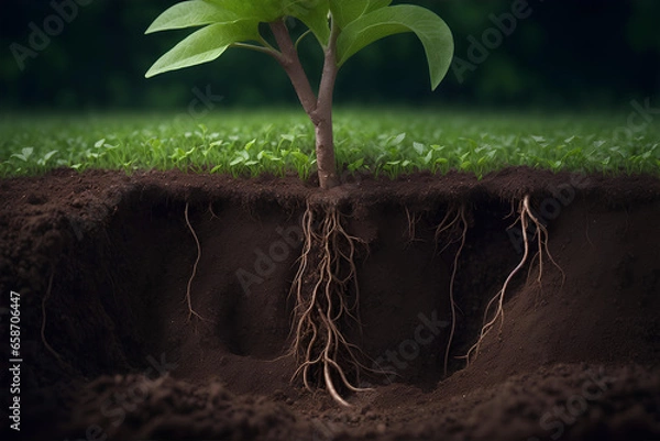 Fototapeta Macro shot for World Soil Day (5th December) that reveals the intricate world beneath the soil, highlighted network of roots that contribute to soil health and fertility.