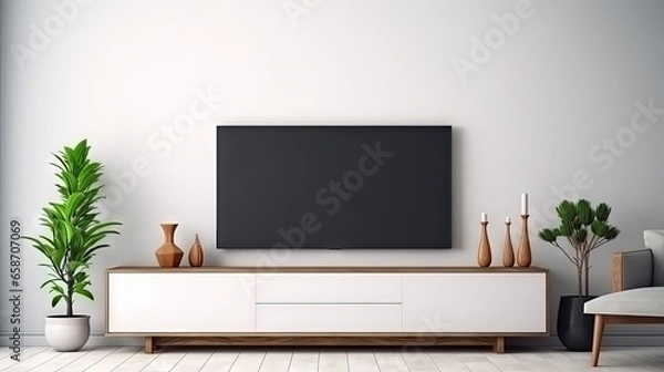 Fototapeta Create a 3D rendering of a decorated TV wall in a living room with a white wall