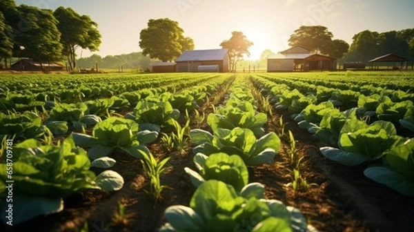 Obraz Rows of diverse crops in an organic farm, featuring rich greens and earthy browns, represent sustainability.