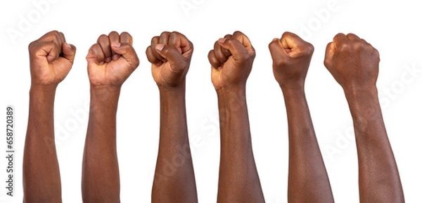 Fototapeta Holding fists up in the air isolated on white or transparent background	