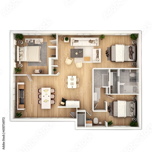 Fototapeta Residential floor plans, various rooms fully furnished, ready to move into. Created by AI.