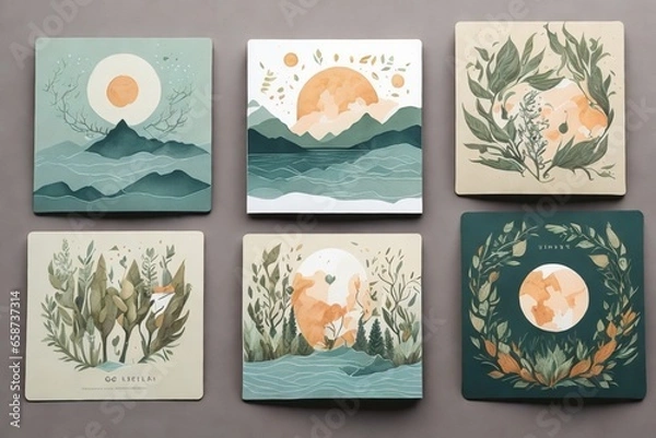 Fototapeta Inspired by the beauty of nature, your goal is to design a series of cards that capture the essence of different natural elements. Each card will represent a different element, such as the sun