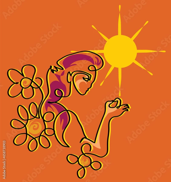 Fototapeta One line drawing of relaxed redhead woman in meditation pose.
One continuous line drawing of woman meditating in nature.