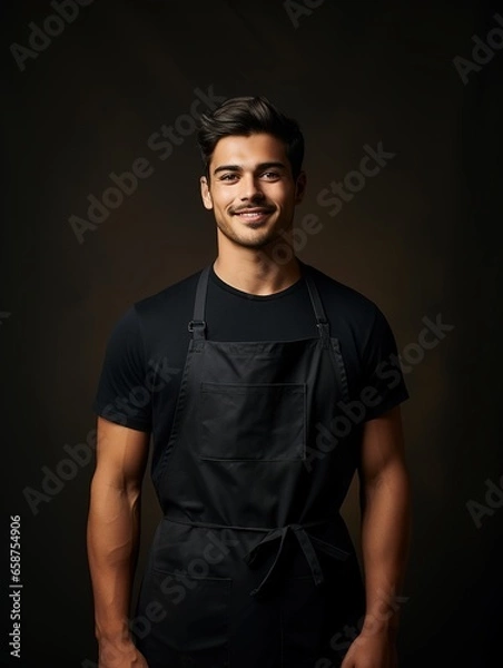 Fototapeta Mockup of chef or waiter, baker, worker in blank black apron isolated on dark background