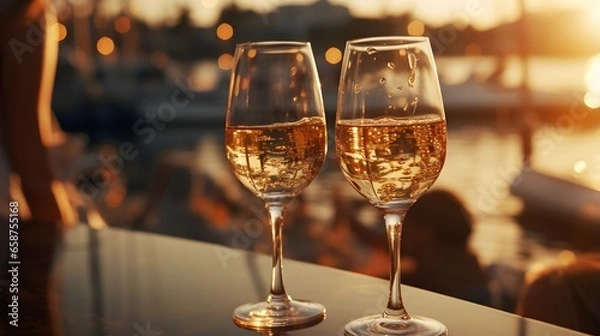 Fototapeta Joyful Celebration: a Toast with Wine Glasses at a Festive Party. A sparkling toast with elegant stemware and glasses on a table.