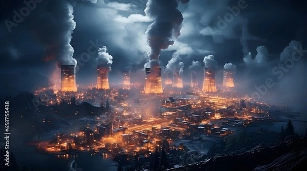 Fototapeta Clean Sky: Eco-Friendly Power Generation Reducing Carbon Footprint and Pollution. Air pollution from a factory emitting smoke into the blue sky.