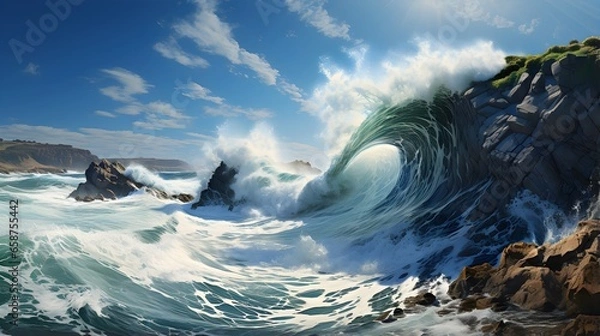 Fototapeta Serene Coastal Scenery with Dynamic Waves. A peaceful beach with powerful waves crashing against rocky coast.