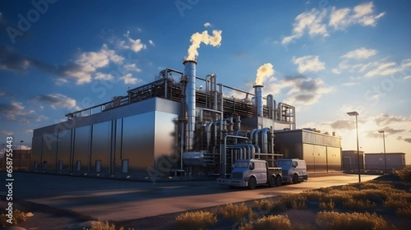 Fototapeta Evening Factory: Transportation and Power Generation in the Cloud-Filled Sky. Evening factory, air pollution, transportation on road, cloud sky, nature environment