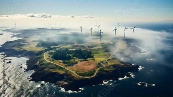 Fototapeta Serene Aerial View: Beauty of Natural Landscape with Reflections on Blue Waters. A serene aerial view of a scenic horizon reflecting on calm water.