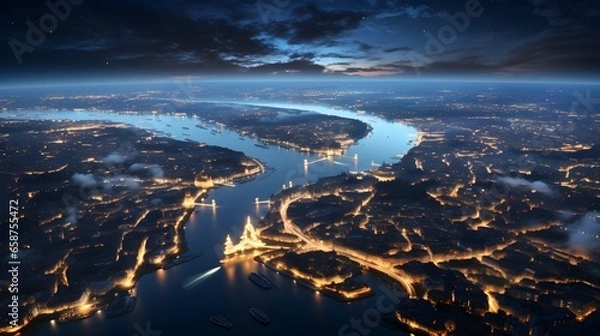 Fototapeta Peaceful Reflections: Aerial View of Clear Blue Sky and Water in Nature's Scenic Landscape. Aerial view of a clear blue sky reflecting on a peaceful lake.