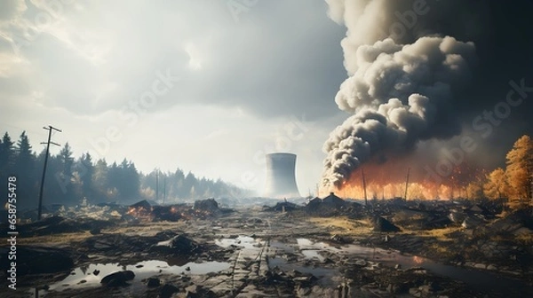 Fototapeta Warning Sign Against Environmental Damage: Factory Smoke Stack Polluting the Air with Burning Smoke. Smoke billowing from factory stack, warning sign against pollution.