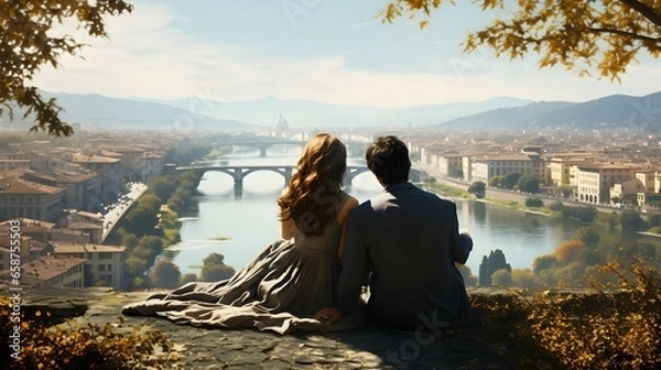 Fototapeta Morning Relaxation: Couple Sitting by the Water, Enjoying the Mountain View. A couple sitting together, enjoying the morning sun by the water.