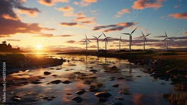 Fototapeta Renewable Energy at Sunset: Wind Turbine Harnessing Wind Power on the Shore. Renewable energy harnesses beauty in nature, generating clean power.