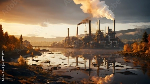 Fototapeta Dusk Reflection: Industrial Power Generation and Environmental Impact. A factory emitting fumes at dusk, with reflection on water.